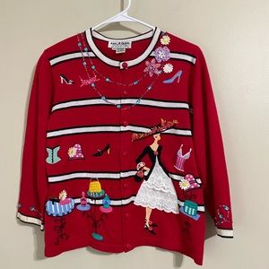 Jack B Quick red shop girl applique Cardigan sweater M Beaded Sequin